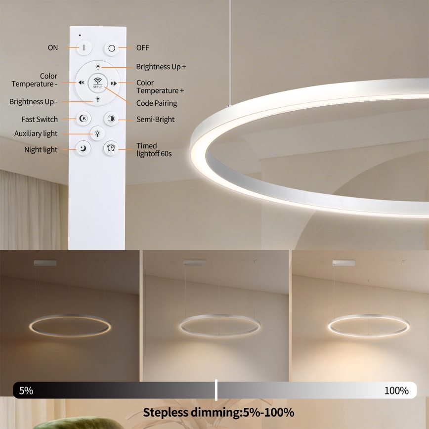 Brilagi - Lámpara colgante LED regulable con cable PORTOFINO LED/60W/230V 3000-6000K diámetro 80 cm plateada + mando a distancia