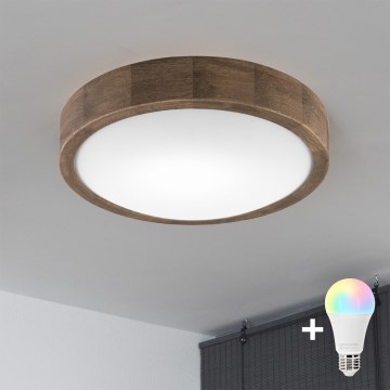 Brilagi - Luminaria de techo LED RGBW regulable CARVALHO SLIM 1xE27/9W/230V 2700-6500K Wi-Fi, acabado roble Ø 27 cm