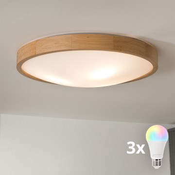 Brilagi - Luminaria de techo LED RGBW regulable CARVALHO SLIM 3xE27/9W/230V 2700–6500K Wi-Fi acabado roble Ø 47 cm