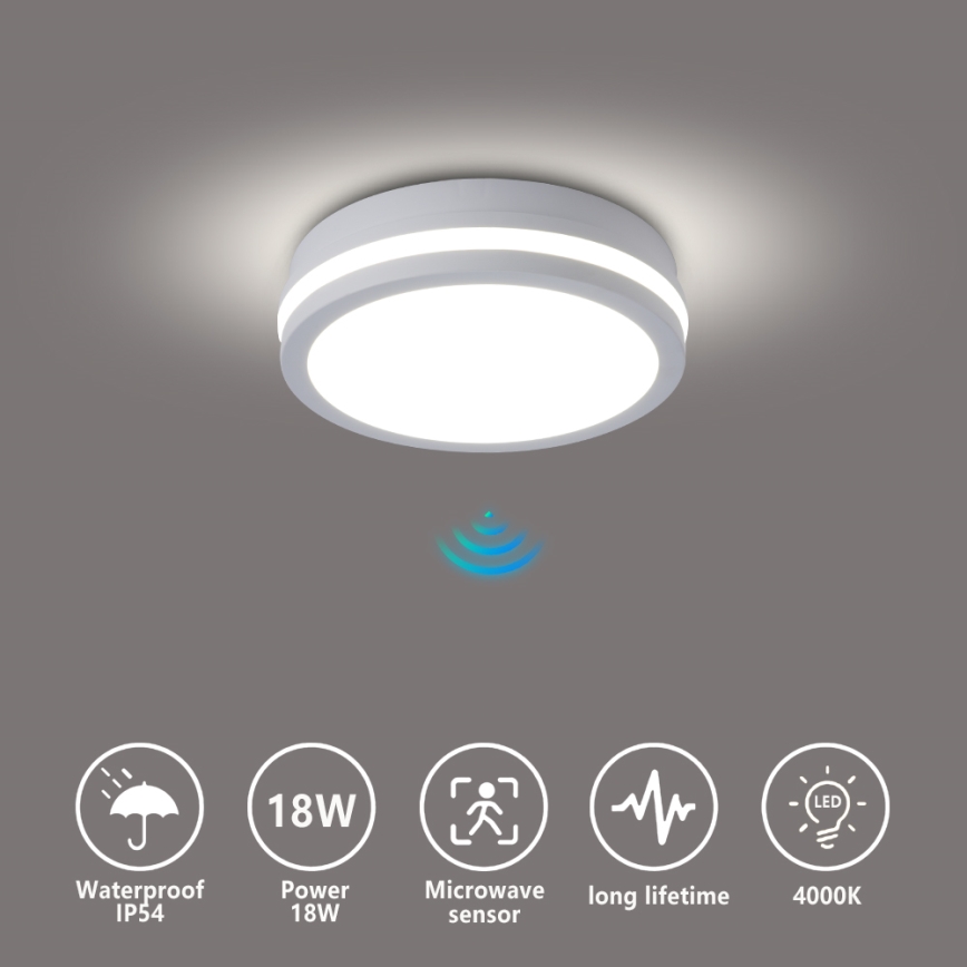 Brilagi - Luminaria LED de techo para exteriores con sensor BENE LED/18W/230V diámetro 21,5 cm blanca IP54