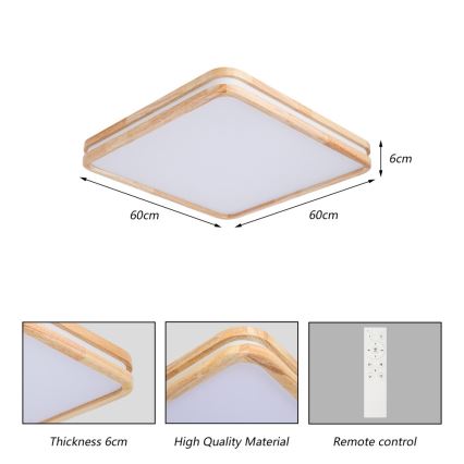BRILAGI - Plafón de techo LED regulable MOLINA SQUARE LED/80W/230V 3000-6000K roble 60x60 cm + mando a distancia