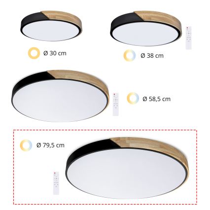 Brilagi - Luminaria de techo LED regulable PILANA LED/72W/230V 3000-6500K roble/negro Ø 80 cm + control remoto