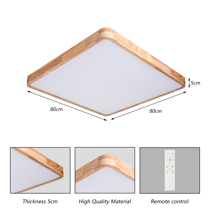 BRILAGI - Luminaria de techo LED regulable WOODLINE SQUARE LED/100W/230V 3000-6000K roble 80x80 cm + mando a distancia