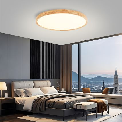 Brilagi - Plafón LED regulable WOODROUND LED/70W/230V 3000-6000K Ø 80 cm acabado madera CRI 90 + mando a distancia