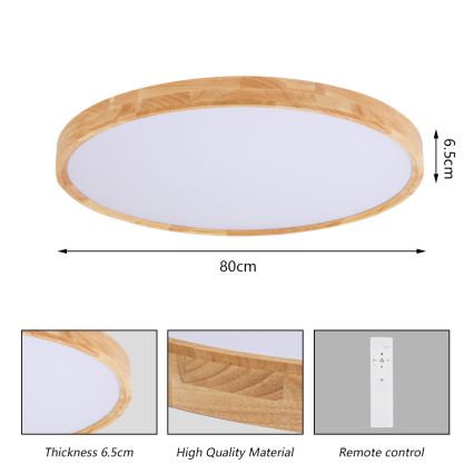 Brilagi - Plafón LED regulable WOODROUND LED/70W/230V 3000-6000K Ø 80 cm acabado madera CRI 90 + mando a distancia
