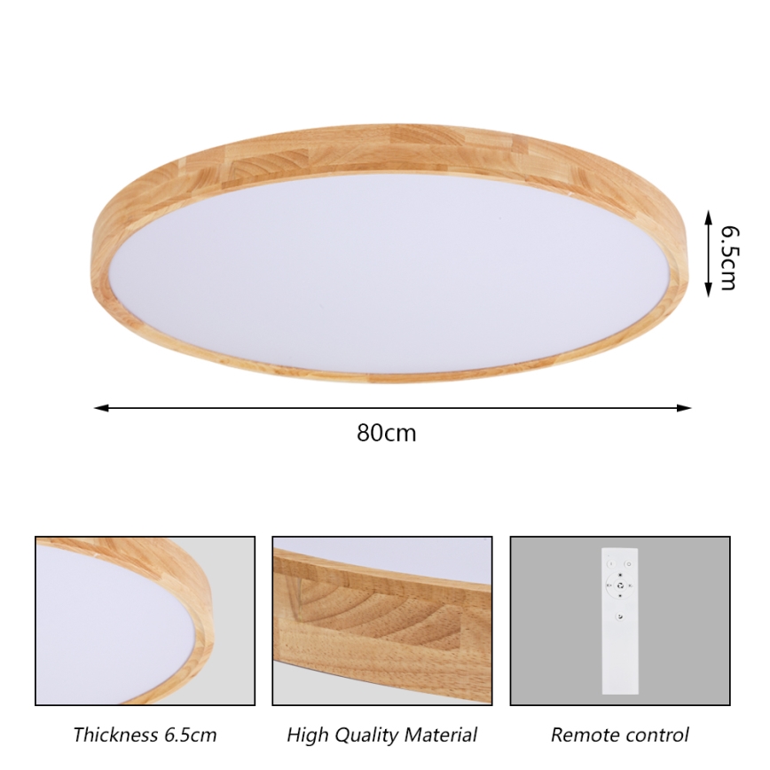 Brilagi - Plafón LED regulable WOODROUND LED/70W/230V 3000-6000K Ø 80 cm acabado madera CRI 90 + mando a distancia