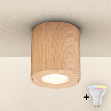 Brilagi - Luminaria LED RGBW regulable para baño MIA 1xGU10/4,8W/230V 3000K 84x80 mm acabado en roble IP44 + mando a distancia