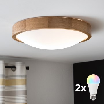 Brilagi - Plafón LED RGBW regulable CARVALHO SLIM 2xE27/9W/230V 2700-6500K Wi-Fi roble Ø 37 cm
