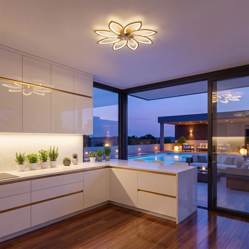 Brilagi - Ventilador de techo LED regulable, 43 W, 230 V, 3000–6500 K, diámetro 90 cm, color dorado + mando a distancia