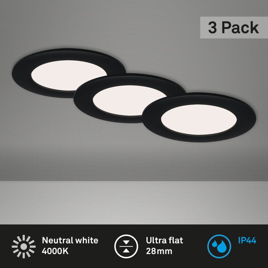 Brilo - Pack de 3 downlights empotrados LED FLAT/6W/230V IP44, negro