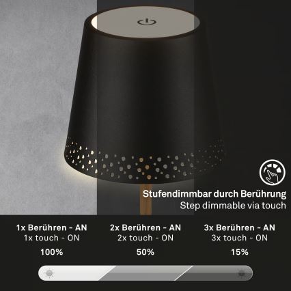 Brilo - Lámpara de mesa para exterior LED regulable, recargable y con control táctil KIKI LED/2,6W/5V IP44 2600 mAh negra