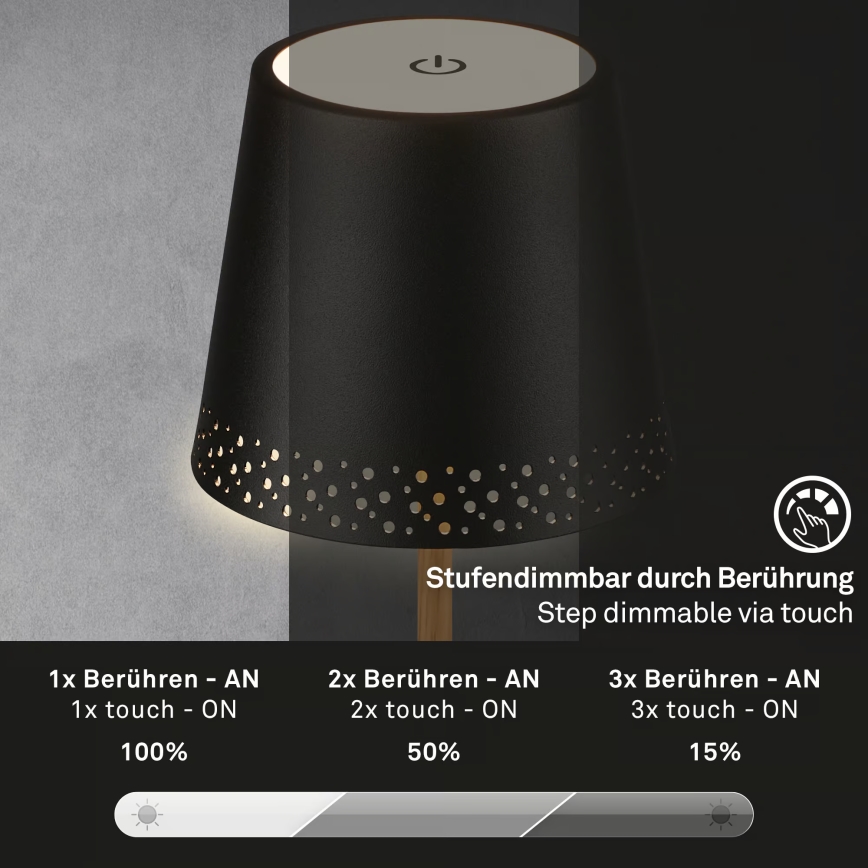 Brilo - Lámpara de mesa para exterior LED regulable, recargable y con control táctil KIKI LED/2,6W/5V IP44 2600 mAh negra