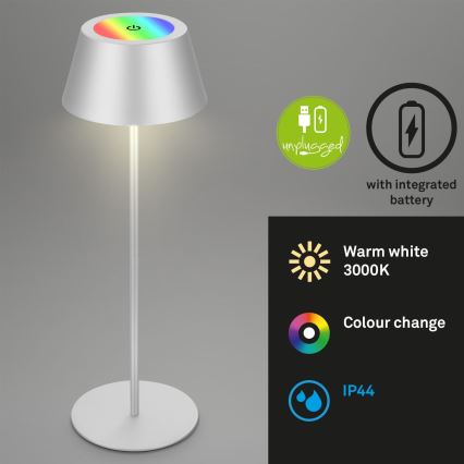 Brilo - Lámpara de mesa KIKI para exterior, recargable y táctil, LED RGB regulable, LED/2,6W/5V IP44 2600 mAh, plateada