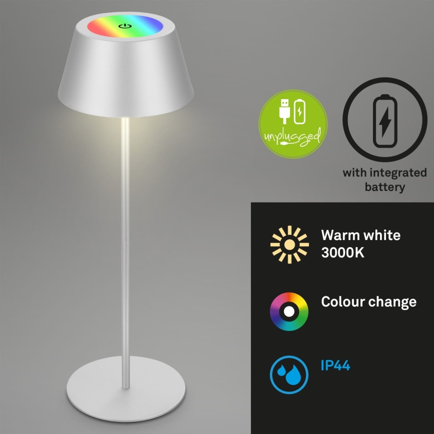 Brilo - Lámpara de mesa KIKI para exterior, recargable y táctil, LED RGB regulable, LED/2,6W/5V IP44 2600 mAh, plateada