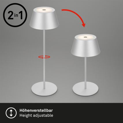 Brilo - Lámpara de mesa KIKI para exterior, recargable y táctil, LED RGB regulable, LED/2,6W/5V IP44 2600 mAh, plateada