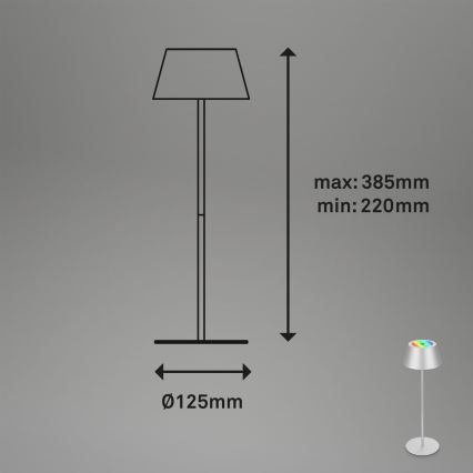 Brilo - Lámpara de mesa KIKI para exterior, recargable y táctil, LED RGB regulable, LED/2,6W/5V IP44 2600 mAh, plateada