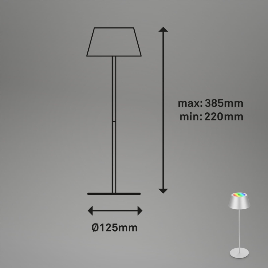 Brilo - Lámpara de mesa KIKI para exterior, recargable y táctil, LED RGB regulable, LED/2,6W/5V IP44 2600 mAh, plateada