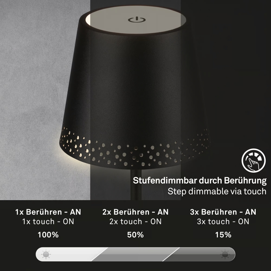 Brilo - Lámpara de mesa exterior LED táctil regulable y recargable KIKI LED/2,6W/5V IP44 2600 mAh negra