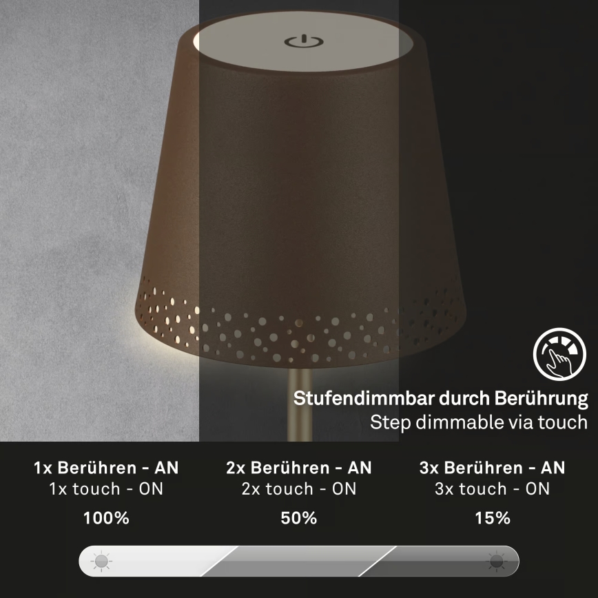 Brilo - Lámpara de mesa LED regulable, recargable y táctil para exterior KIKI LED/2,6W/5V IP44 2600 mAh marrón