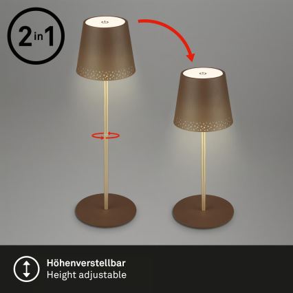 Brilo - Lámpara de mesa LED regulable, recargable y táctil para exterior KIKI LED/2,6W/5V IP44 2600 mAh marrón