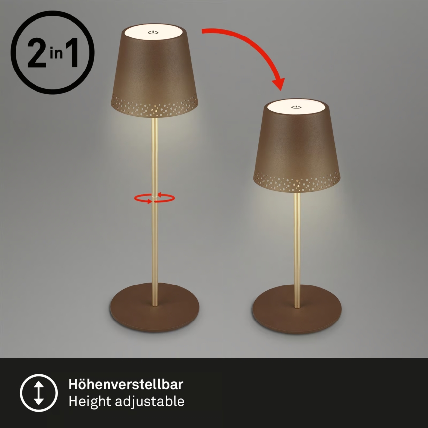 Brilo - Lámpara de mesa LED regulable, recargable y táctil para exterior KIKI LED/2,6W/5V IP44 2600 mAh marrón