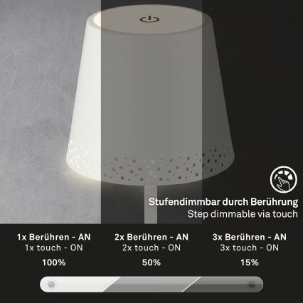 Brilo - Lámpara de mesa exterior LED recargable, táctil y regulable KIKI LED/2,6W/5V IP44 2600 mAh blanca