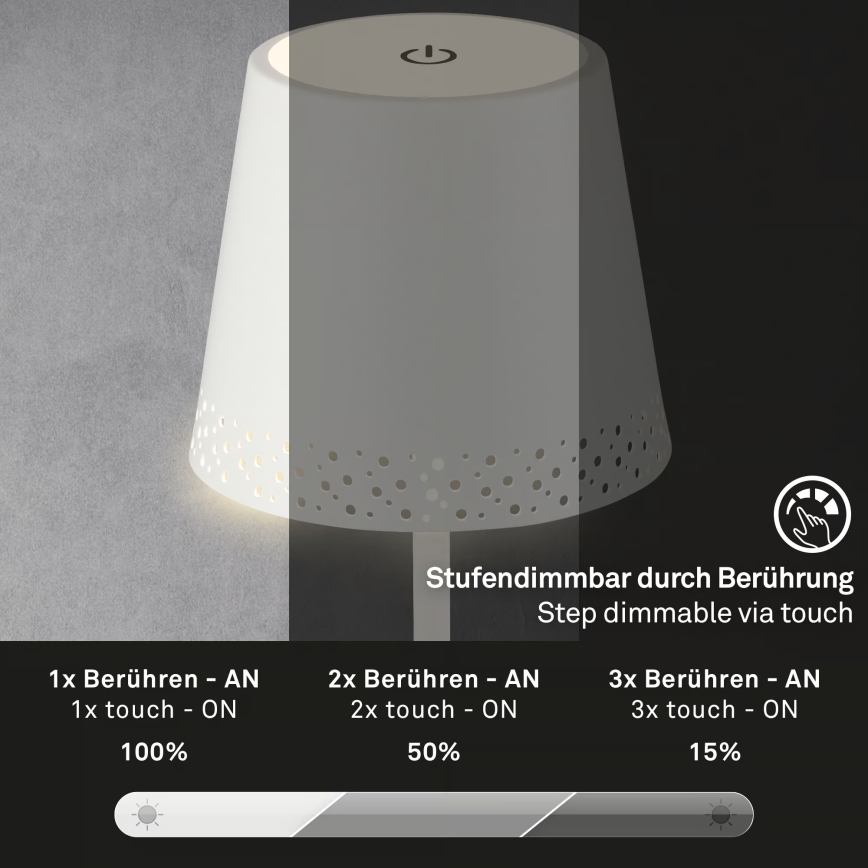 Brilo - Lámpara de mesa exterior LED recargable, táctil y regulable KIKI LED/2,6W/5V IP44 2600 mAh blanca