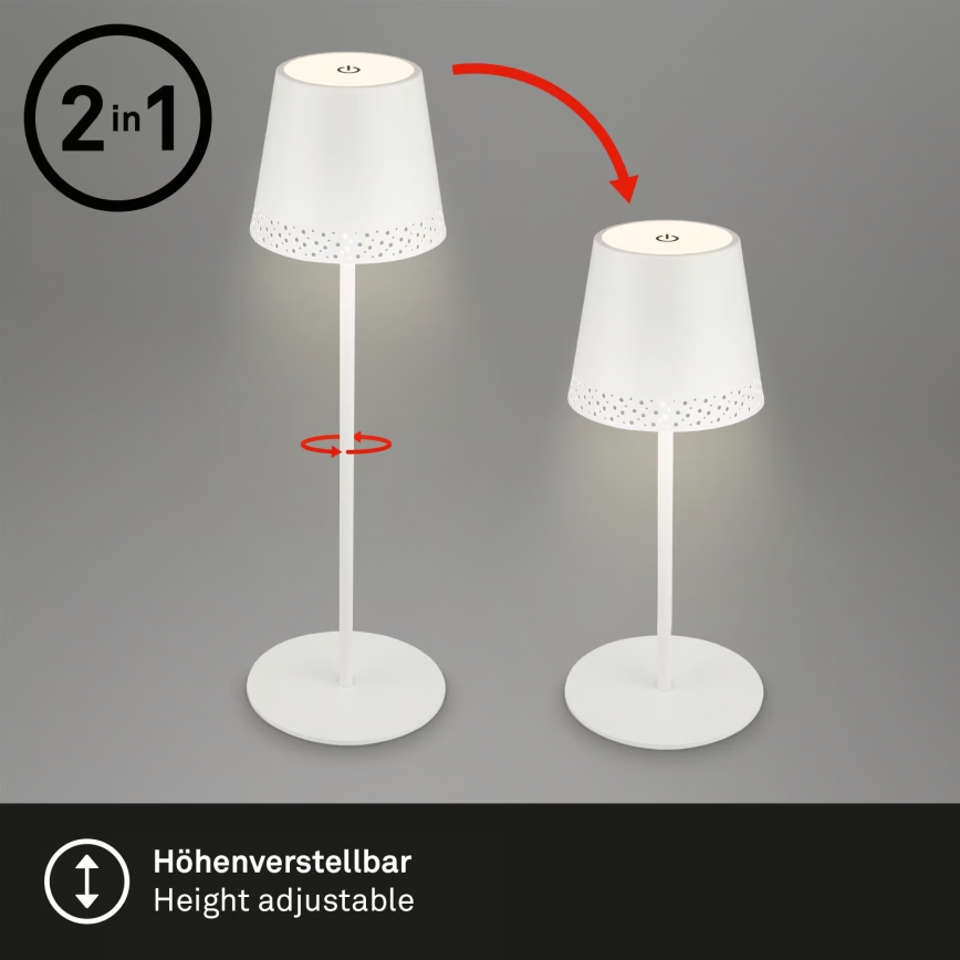 Brilo - Lámpara de mesa exterior LED recargable, táctil y regulable KIKI LED/2,6W/5V IP44 2600 mAh blanca