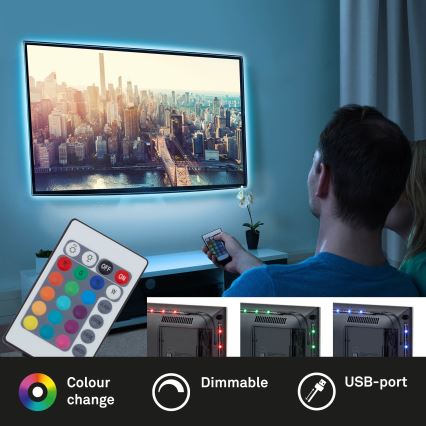 Brilo - Tira LED RGBW regulable diá. TV 3m LED/2,5W/USB + control remoto