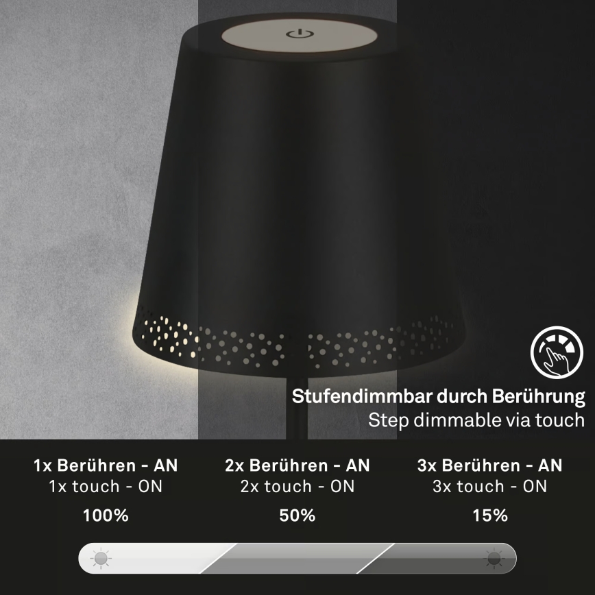 Briloner 1438015 - Lámpara de pie LED regulable KIKI LED/4,3W/5V IP44 2600 mAh negra