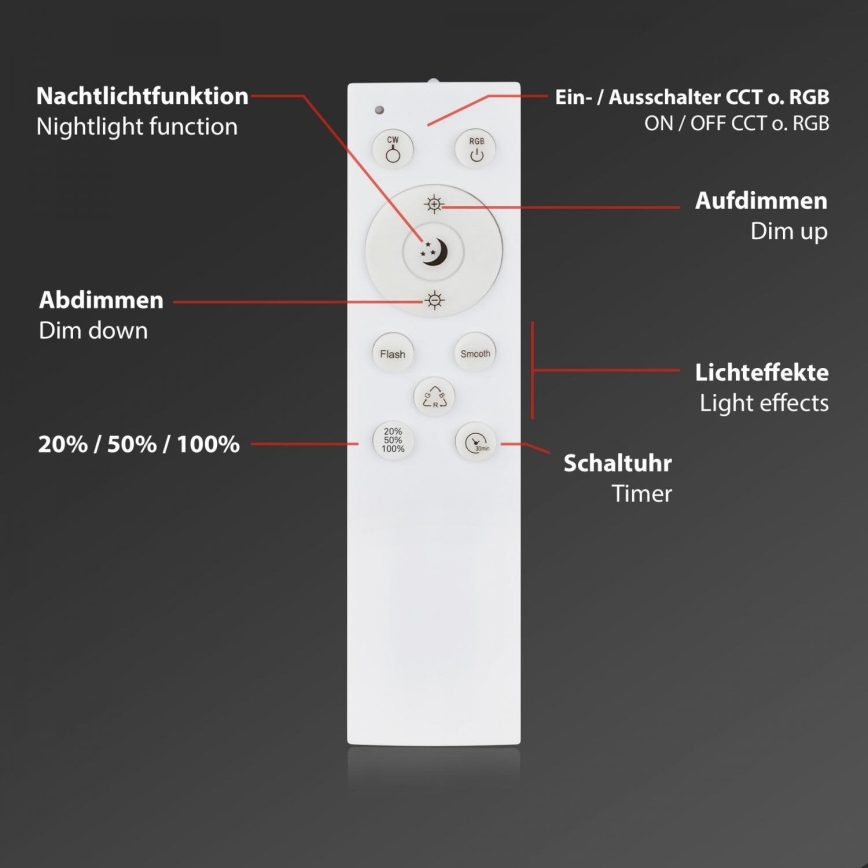 Briloner 3709-016 - Plafón LED RGBW regulable LED/22W/230V 4000K diá. 38 cm blanco + control remoto