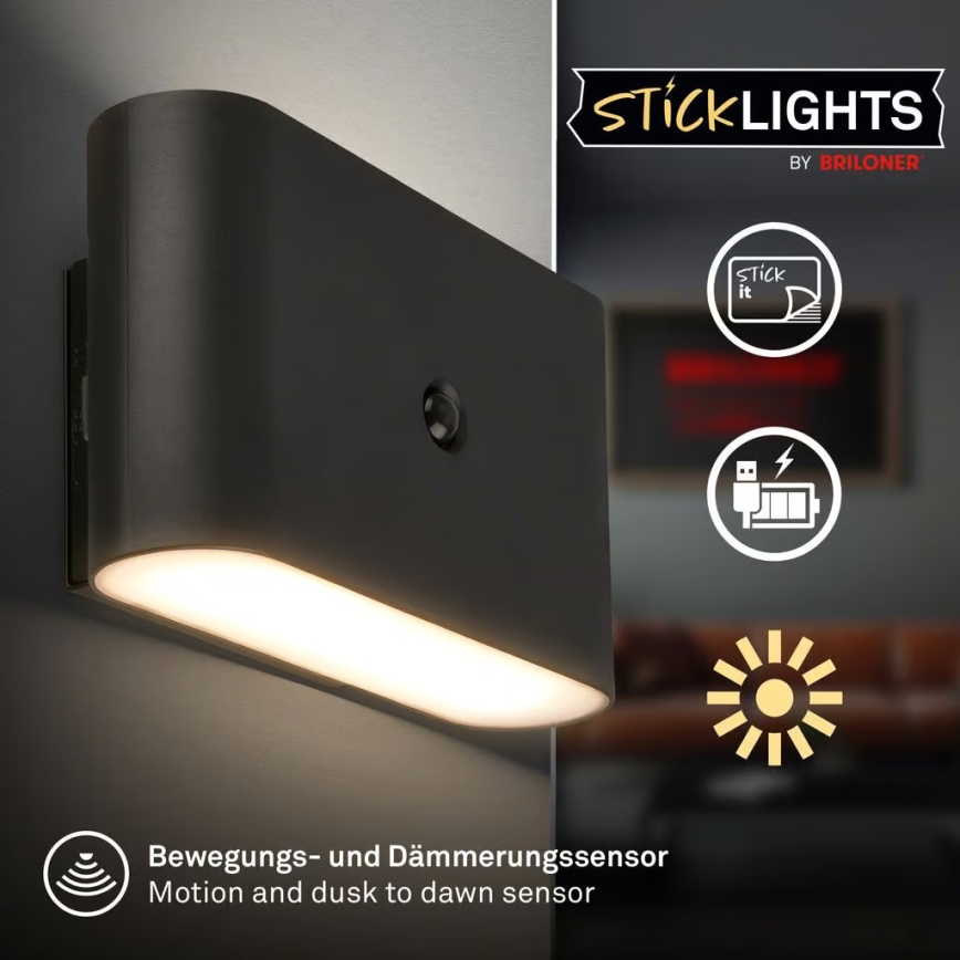 Briloner 3878015 - Aplique de pared LED recargable con sensor de movimiento y detector crepuscular CHAT LED/3W/5V 2000 mAh negro