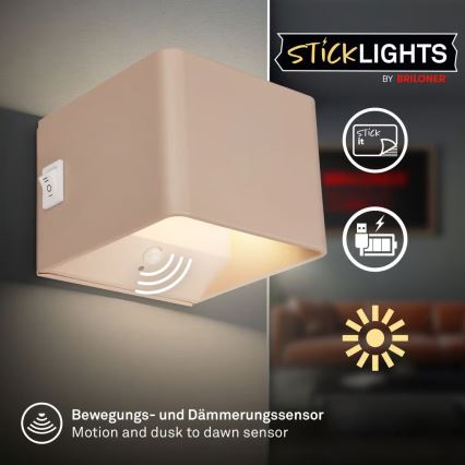 Briloner 3879011 - Aplique de pared LED recargable con sensor de movimiento y de crepúsculo BORRA LED/1,5W/5V 3600 mAh beige