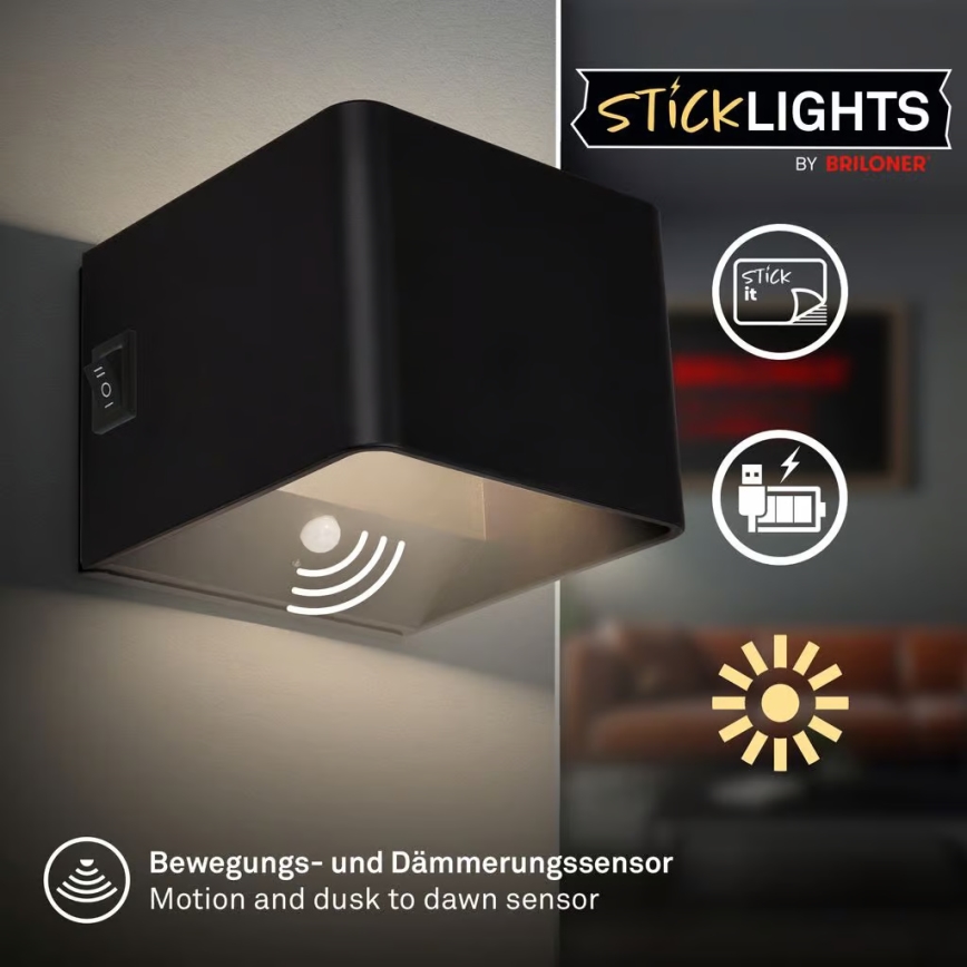 Briloner 3879015 - Aplique de pared LED recargable con sensor de movimiento y crepuscular BORRA LED/1,5W/5V 3600 mAh negro
