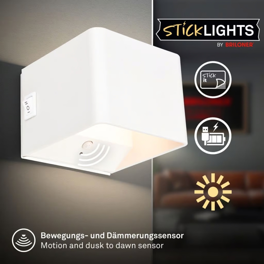 Briloner 3879016 - Aplique de pared LED recargable con sensor BORRA LED/1,5W/5V 3600 mAh blanco