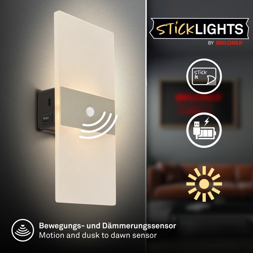 Briloner 3888012 - Aplique de pared LED recargable con sensor de movimiento y de crepúsculo AURA LED/2,5W/5V 1800 mAh cromado mate