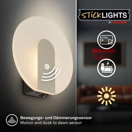 Briloner 3889012 - Aplique de pared LED recargable con sensor de movimiento y sensor crepuscular TARO LED/2,5W/5V 1800 mAh cromo mate