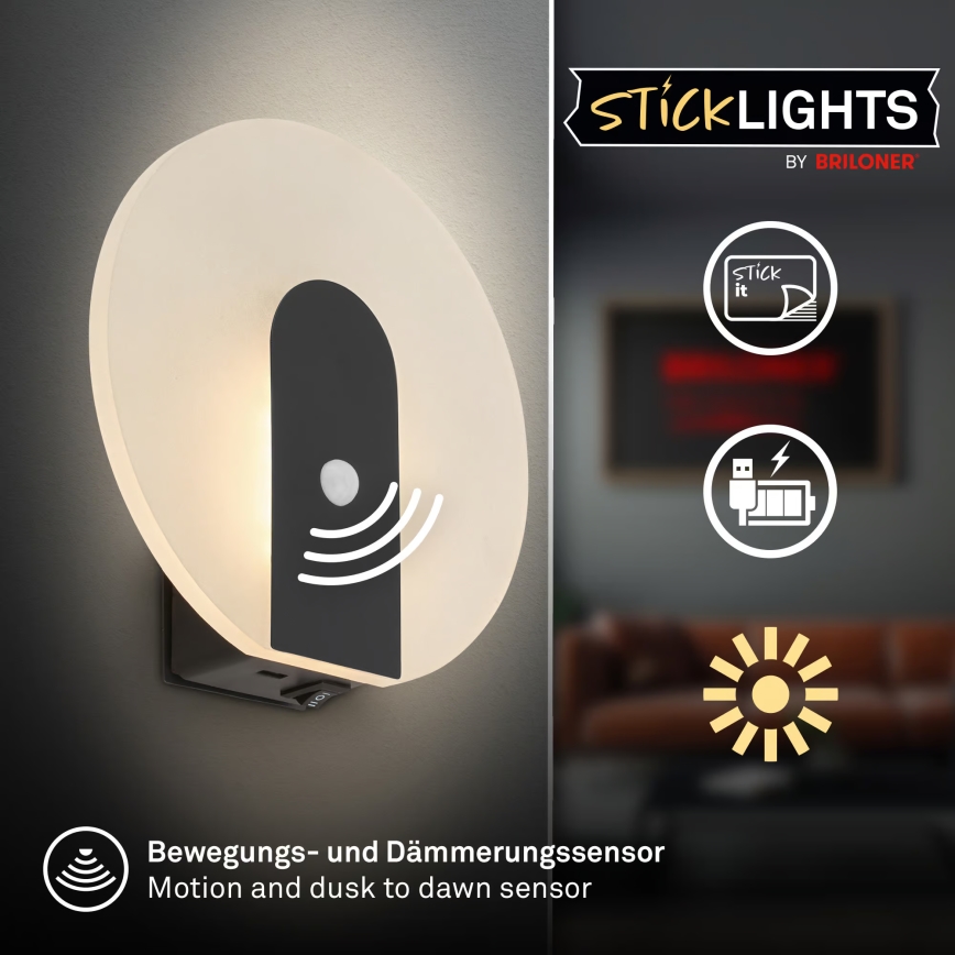 Briloner 3889015 - Lámpara de pared LED recargable con sensor de movimiento y de crepúsculo TARO LED/2,5W/5V 1800 mAh negra