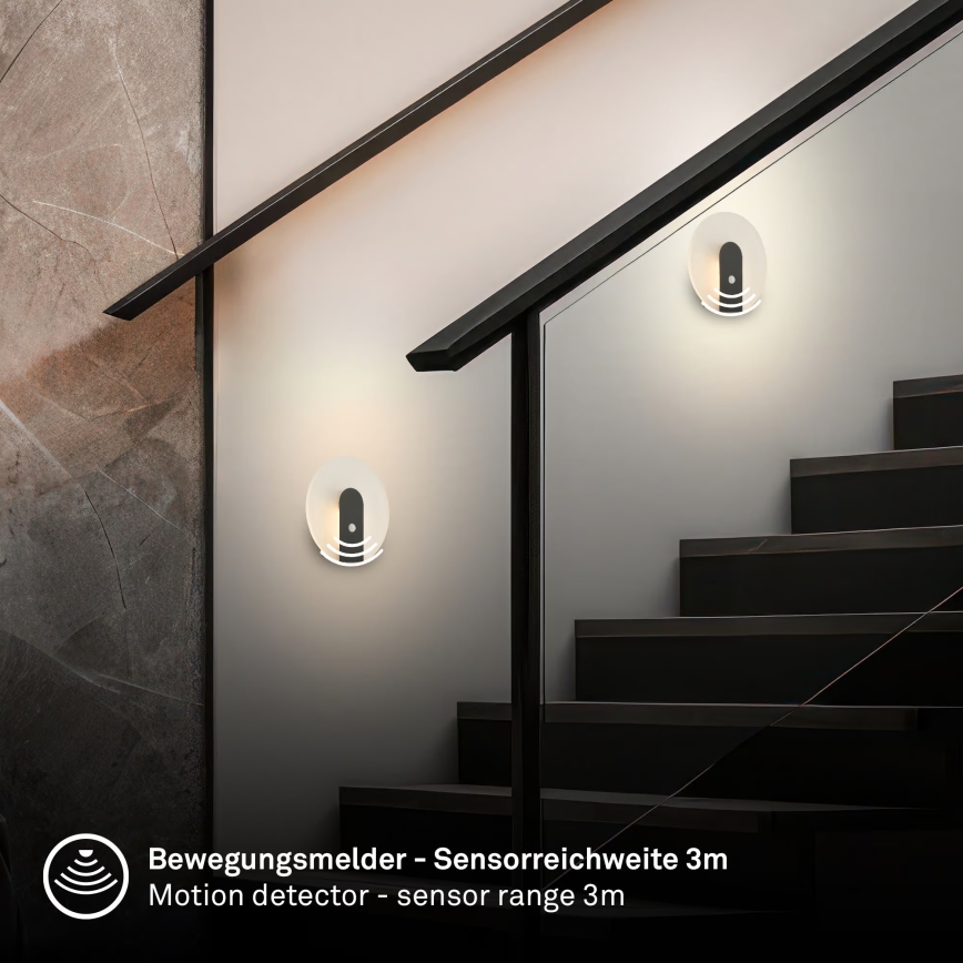 Briloner 3889015 - Lámpara de pared LED recargable con sensor de movimiento y de crepúsculo TARO LED/2,5W/5V 1800 mAh negra