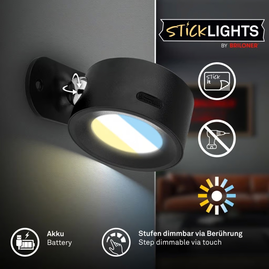 Briloner 3896015 - Aplique de pared recargable LED regulable TARI LED/1,6W/5V 1500 mAh negro