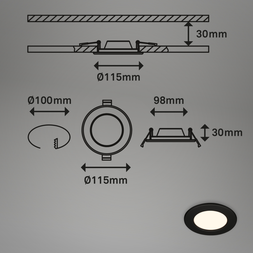 Briloner 7049015 - Luminaria empotrable LED regulable para baño LED/6W/230V 3000K IP44 negro