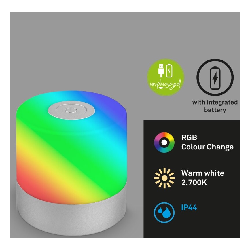 Briloner 7462014 - Lámpara de mesa LED RGB recargable para exterior LED/1,5W/5V IP44 1200 mAh cromo mate
