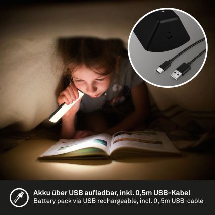 Briloner 7474-015 - Lámpara de mesa exterior recargable LED táctil regulable 2 en 1 LED/7W/5V 2x2200 mAh USB 3000K IP44 negra