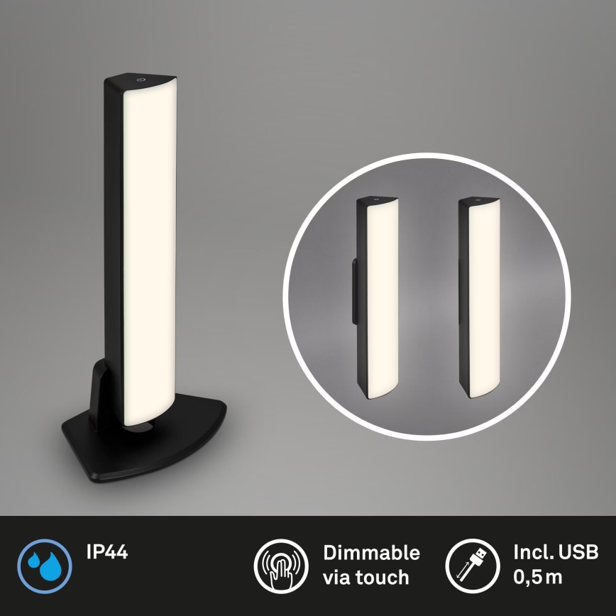 Briloner 7474-015 - Lámpara de mesa exterior recargable LED táctil regulable 2 en 1 LED/7W/5V 2x2200 mAh USB 3000K IP44 negra