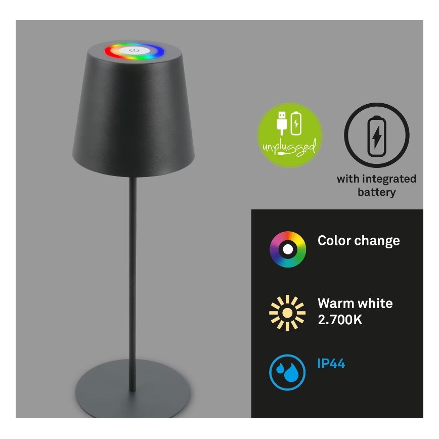 Briloner 7507015 - Lámpara de mesa exterior recargable LED RGB regulable 2 en 1 LED/2,5W/5V IP44 1200 mAh antracita