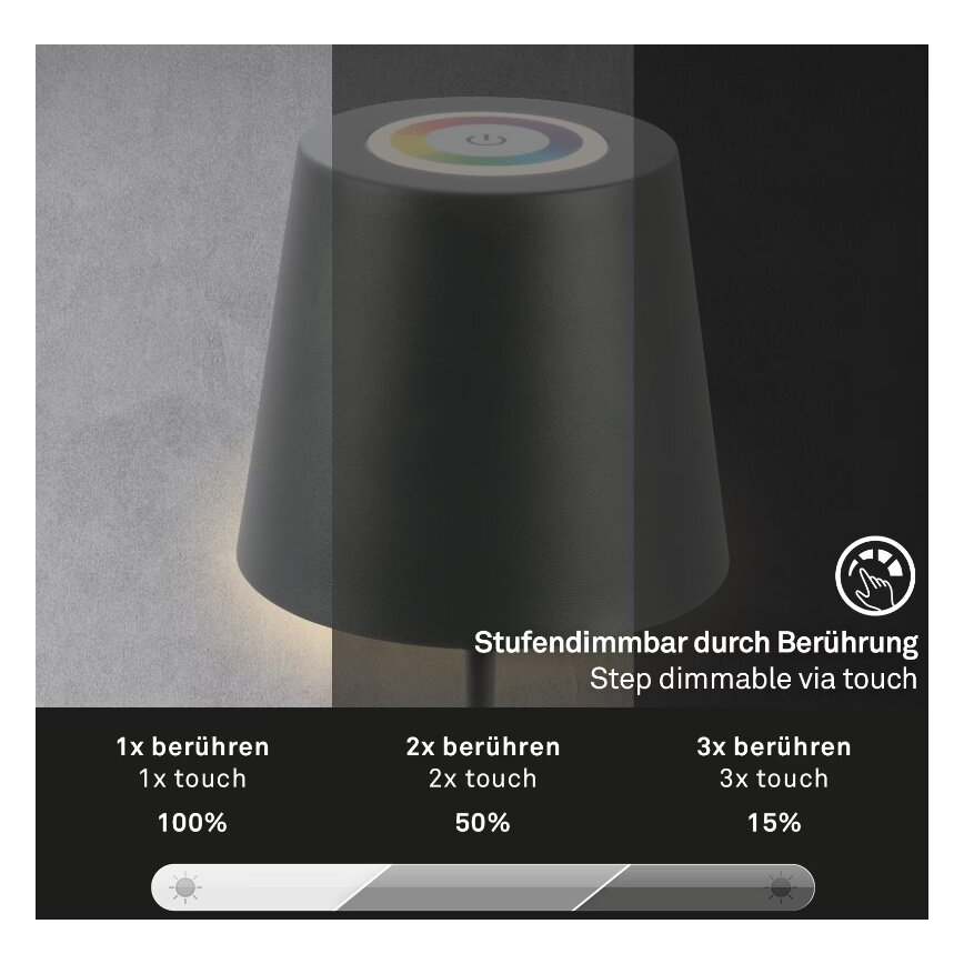 Briloner 7507015 - Lámpara de mesa exterior recargable LED RGB regulable 2 en 1 LED/2,5W/5V IP44 1200 mAh antracita