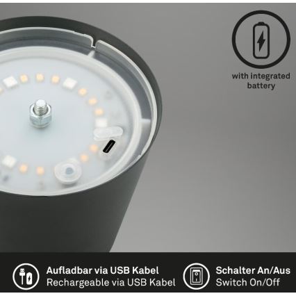 Briloner 7507015 - Lámpara de mesa exterior recargable LED RGB regulable 2 en 1 LED/2,5W/5V IP44 1200 mAh antracita