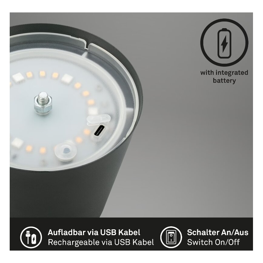 Briloner 7507015 - Lámpara de mesa exterior recargable LED RGB regulable 2 en 1 LED/2,5W/5V IP44 1200 mAh antracita