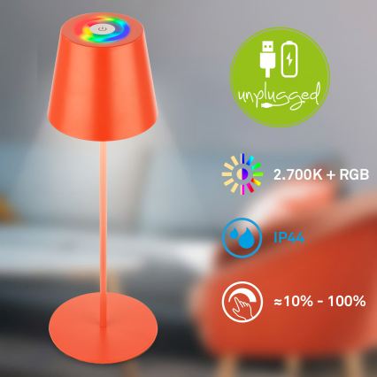 Briloner 7510012 - Lámpara de mesa recargable para exterior CALIDA LED RGBW regulable LED/2,5W/5V IP44 1200 mAh naranja