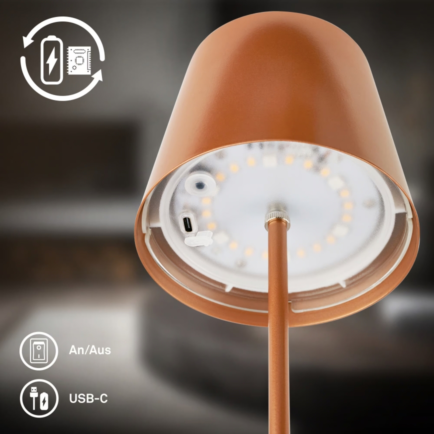 Briloner 7510013 - Lámpara de mesa recargable para exterior CALIDA LED RGBW regulable, 2,5W/5V, IP44, 1200 mAh, color bronce